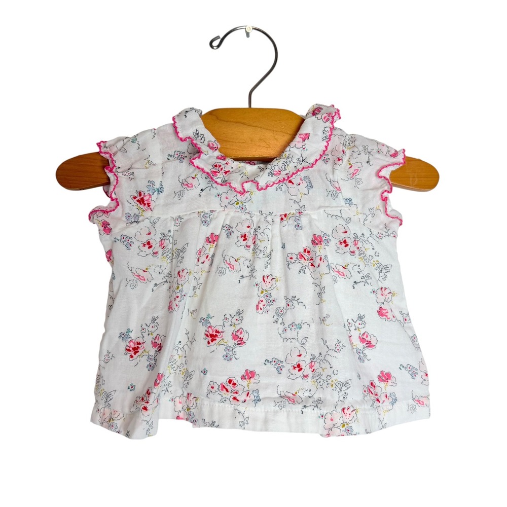 Petit Bateau Baby Girl Floral Ruffle Blouse White Pink Picot Trim 6M 67cm